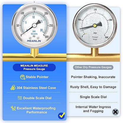 MEANLIN MEASURE 0~300Psi Dry Pressure Gauge Stainless Steel 1/8" NPT 2" FACE DIAL Waterproof for Air Compressor Air Regulator Water Filter Back Mount, with 1/4" NPT and 3/8" NPT Hex Bushing