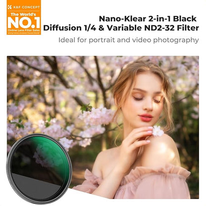 K&F CONCEPT 77mm Black Diffusion Mist 1/4 & Variable ND2-32 in-1 Filter Cinematic Effect Neutral Density Filter for Camera Lens with 18 Multi-Layer Coatings (K- Series)