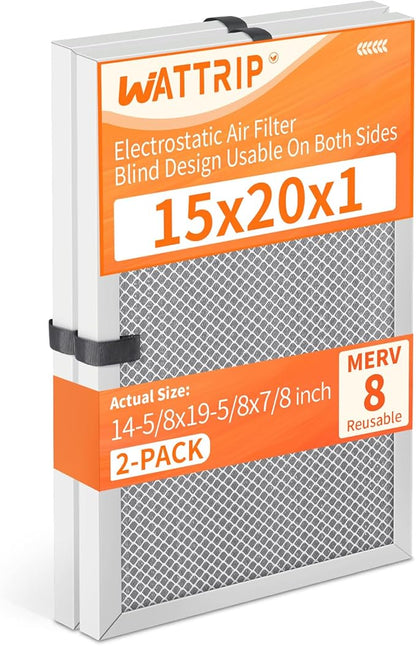 2-Pack 15x20x1 MERV 8 Reusable & Washable Electrostatic Air Filters - Long-Lasting Filter for HVAC, Furnace & Air Conditioner Units, Actual Size: 14-5/8” x 19-5/8” x 7/8”