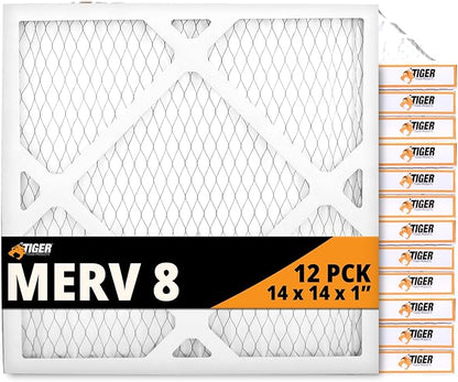 Tiger Tough 14x14x1 Air Filter MERV 8 MPR 600-800, High-Performance Pleated HVAC AC Furnace Filter Replacement for Home, 12-Pack