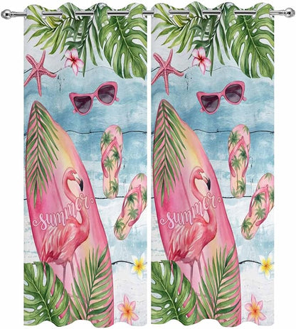 Summer Flamingbirds Outdoor Curtains for Patio Palm Leaves Plumeria Wood Waterproof Outside Curtains with Grommet Top Weatherproof Curtain for Cabana Pergola Gazebo, 2 Pack, 54" W x 108" L