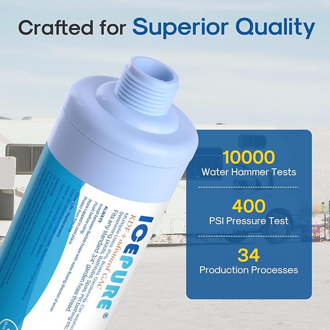 ICEPURE RV Water Filter system for Garden, RV, Pool, Camper, Marine, Boat Hose for Drinking, Car Washing, Gardening, Planting, Spa, Reduces Chlorine, Odors, with 1 flexible hose protector, 2PACK