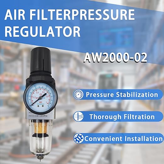 HengMinLingTong 1/4" NPT Compressed Air Filter Regulator Combo Piggyback, 5 Micron Brass Element, Poly Bowl, Semi-Auto Drain, Metal Bracket, 0-150 psi AW2000-02