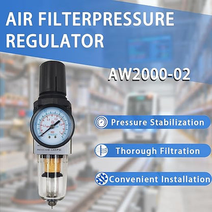 HengMinLingTong 1/4" NPT Compressed Air Filter Regulator Combo Piggyback, 5 Micron Brass Element, Poly Bowl, Semi-Auto Drain, Metal Bracket, 0-150 psi AW2000-02