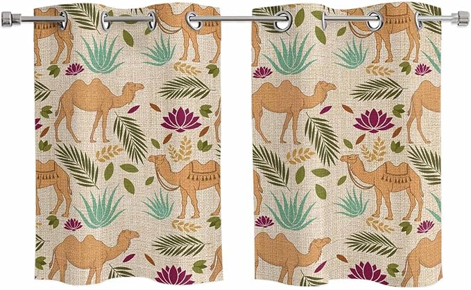 2 Panel Kitchen Cafe Curtains, Desert Camels Sunlight Filtering Nature Air Through, Home Decor Window Covering Tier Curtains for Living Room 55W x 39L inch Vintage Sand Animals Aloe Vera Leaves Beige