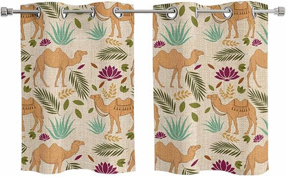 2 Panel Kitchen Cafe Curtains, Desert Camels Sunlight Filtering Nature Air Through, Home Decor Window Covering Tier Curtains for Living Room 55W x 39L inch Vintage Sand Animals Aloe Vera Leaves Beige