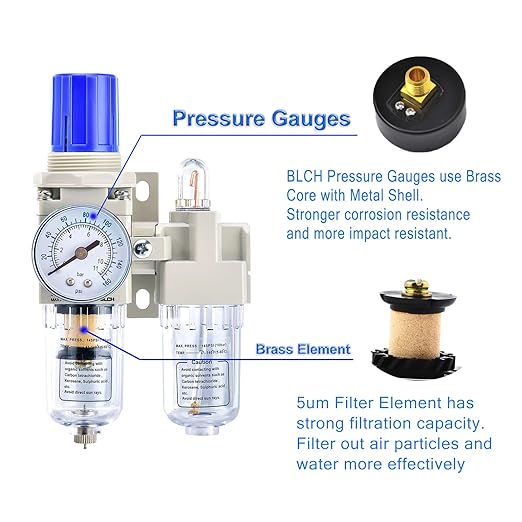 BLCH 1/4" NPT Air Compressor Water Separator - Air Pressure Regulator Compressed Air Filter Regulator Lubricator Combo AC2010-02 Manual Drain Poly Bowl Gauge 0-160 PSI 5μm Brass