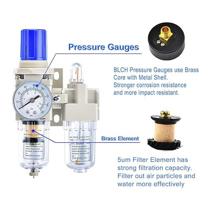 BLCH 1/4" NPT Air Compressor Water Separator - Air Pressure Regulator Compressed Air Filter Regulator Lubricator Combo AC2010-02 Manual Drain Poly Bowl Gauge 0-160 PSI 5μm Brass