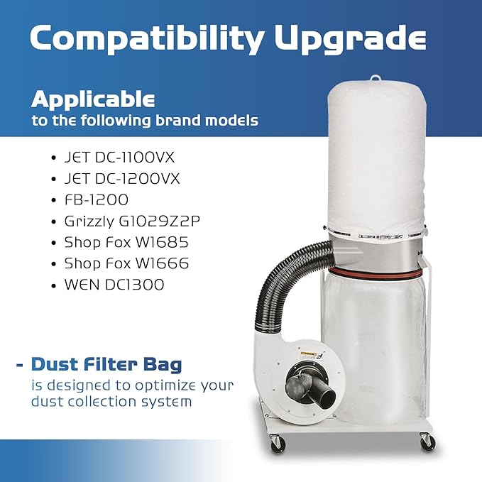 70333 Dust Collector Bag, fit for POWERTEC DC-1512, Vacuum & Dust Collector Bags, Compatible with JET, Grizzly, Shop Fox, Wen, Harbor Freight, 21" x 31", 1 Micron Filter