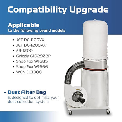 70333 Dust Collector Bag, fit for POWERTEC DC-1512, Vacuum & Dust Collector Bags, Compatible with JET, Grizzly, Shop Fox, Wen, Harbor Freight, 21" x 31", 1 Micron Filter