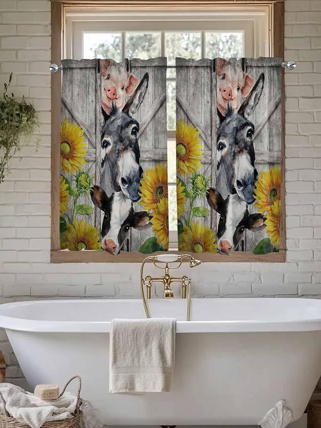 Farmhouse Kitchen Curtains 45 Inches length, Vintage Sunflowers Animals Printed Wood Grain Window Treatment Curtain Drapes, Lightweight Window Panels for Living Room Bedroom, 52"x45", 2 Panels