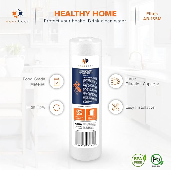 Aquaboon 5 Micron 10 x 2.5 Sediment Filter - Whole House Water Filter Replacement Compatible with Well Water Filters - P5, AP110, WHKF-GD05, 50 Pack