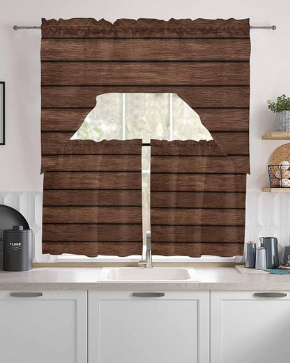 Brown Wooden Board Swag Kitchen Curtains Valance and Tier Set, Vintage Wood Grain Farmhouse Barn Themes Light-Filtering Swag Valance 36 Inch Length, Rod Pocket Short Curtain for Bedroom Cafe
