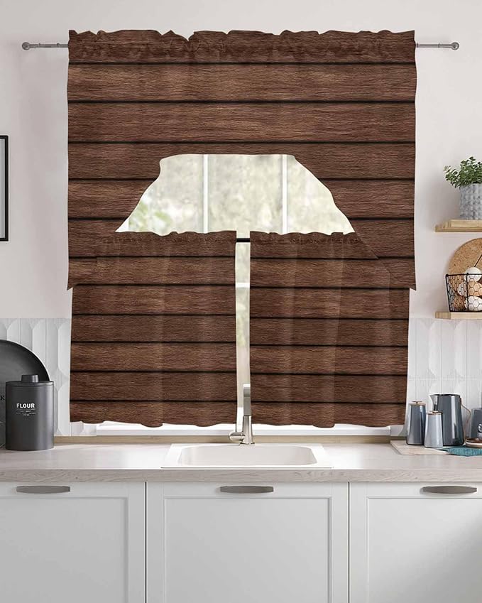 Brown Wooden Board Swag Kitchen Curtains Valance and Tier Set, Vintage Wood Grain Farmhouse Barn Themes Light-Filtering Swag Valance 24 Inch Length, Rod Pocket Short Curtain for Bedroom Cafe