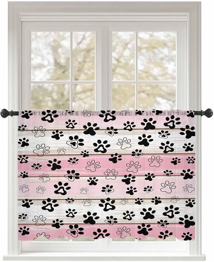 Sheer Curtains 54 Inch Length, Pink Beige Paw Print Semi Sheer Curtains Light Filtering Window Treatment, Vintage Farmhouse Country Wooden Grain Privacy Voile Drapes for Living Room Bedroom 52x54 Inch