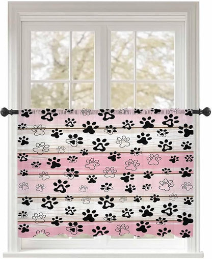 Sheer Curtains 54 Inch Length, Pink Beige Paw Print Semi Sheer Curtains Light Filtering Window Treatment, Vintage Farmhouse Country Wooden Grain Privacy Voile Drapes for Living Room Bedroom 52x54 Inch