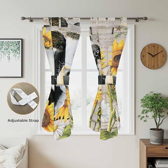 Yellow Sunflowers Bedroom Curtains 72 Inch Length, Window Curtains Tab Top, Farmhouse Cow Barn Doors Floral Butterfly Light Filtering Window Treatments Drapes 52"x72" 2 Panel