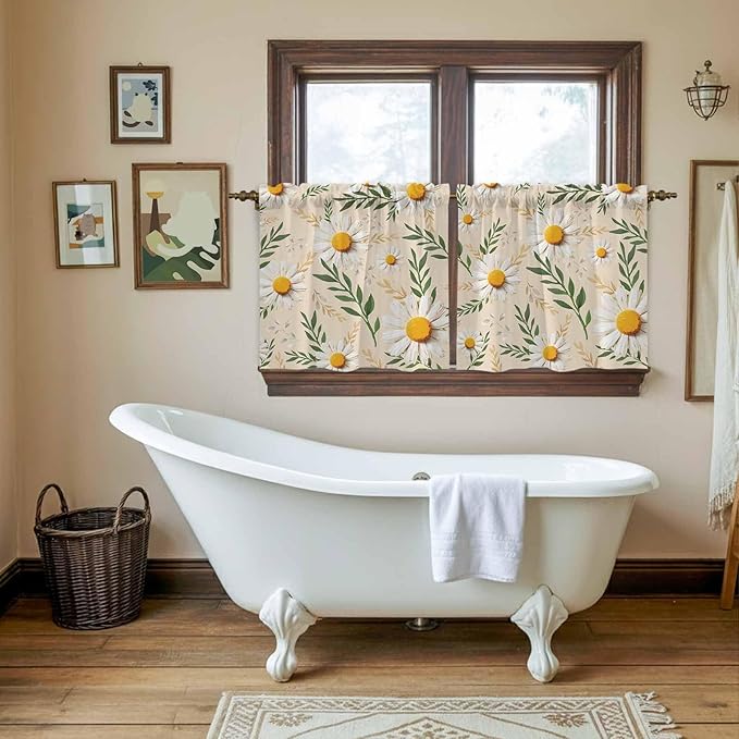 Spring Daisy Tier Curtains, Country Watercolor Flower Leaf Plant Light Filtering Kitchen Curtains, 2Pcs Rod Pocket Half Window Treatments Panels for Sink Cafe Cabinet Camper 27.5x36 Inches