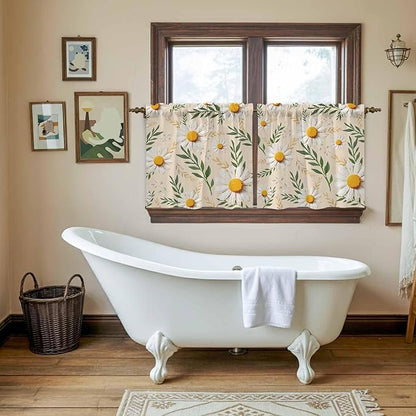 Spring Daisy Tier Curtains, Country Watercolor Flower Leaf Plant Light Filtering Kitchen Curtains, 2Pcs Rod Pocket Half Window Treatments Panels for Sink Cafe Cabinet Camper 27.5x36 Inches