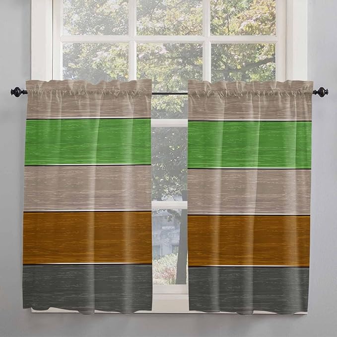 Farm Gray Green Brown Wood Grain Window Valance Curtains, Rustic Wooden Plank Light Filtering Kitchen Valance with 3-inch Rod Pocket for Living Room Bathroom Bedroom,2 Panel,42x54In