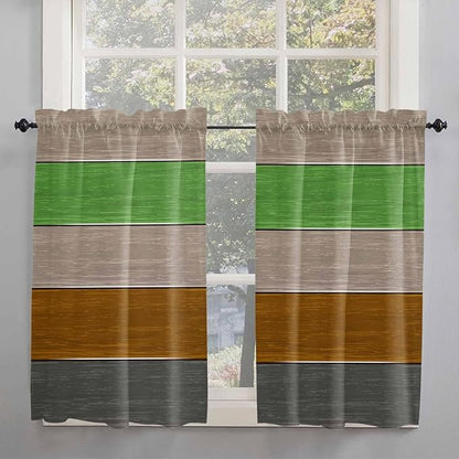 Farm Gray Green Brown Wood Grain Window Valance Curtains, Rustic Wooden Plank Light Filtering Kitchen Valance with 3-inch Rod Pocket for Living Room Bathroom Bedroom,2 Panel,42x45In