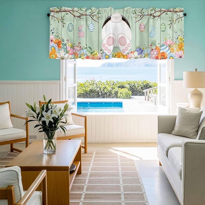 Easter Curtain Valances for Windows, Kitchen Valance Window Treatment, Spring Watercolor Bunny Eggs Wooden Grain Green Light Filtering Block Curtains for Bathroom/Bedroom/Living Room 42'' x 18''