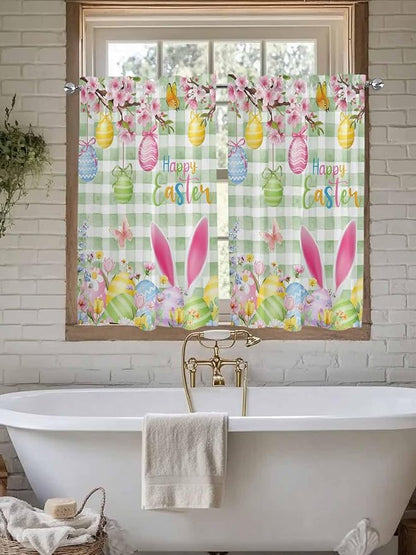 Happy Easter Tier Curtains 45 Inches Long, Spring Bunny Eggs Flower Sage Green Plaid Window Treatment Curtain Drapes, Small Curtain Drapes for Bathroom Laundry Room, 27.5"x45", 2 Panels