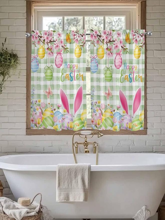 Happy Easter Kitchen Curtains 54 Inches Length, Spring Bunny Eggs Flower Sage Green Plaid Window Treatment Curtain Drapes, Thermal Insulated Drapes for Basement Hotel RV, 42"x54", 2 Panels