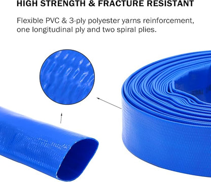 DAVCO 2.5" x 100 ft Pool Backwash Hose, Heavy Duty Reinforced Blue PVC Lay Flat Water Discharge Pump Hoses For Swimming Drain Pools and Clean Filters,with 1 Clamp