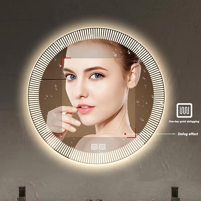 Bathroom Mirror with LED Lights, Wall Mirror with Touch Sensor, Round Mirror with Demister Pad, 3 Light Modes, for Living Room and Bathroom(A,80cm/31.5in)