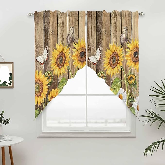 Farmhouse Sunflowers Swag Valances for Windows, Rustic Floral Buttterfly Wood Board Brown Rod Pocket Kitchen Curtains Valance, Kitchen Window Curtains Swag for Cafe Living Room, 2 Panels, 36x63 inch