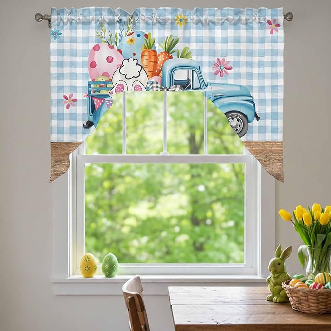 Swag Valance Curtains, Easter Truck with Rabbit Eggs Carrot Rod Pocket Valances Swag Topper for Kitchen Windows, Wood Barn and Blue Checker Light Filtering Short Curtain for Bedroom Bathroom 56x36In