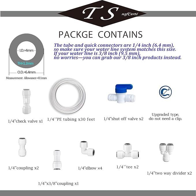 NSF 1/4" inch Water Line Tubing and Push to Connect Fittings for Reverse Osmosis Water Filter RO fittings,14 pcs connetors+30 feet 1/4" O.D. (6.4mm) water tubing.