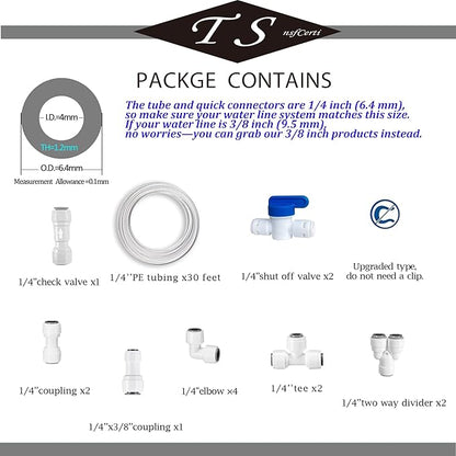 NSF 1/4" inch Water Line Tubing and Push to Connect Fittings for Reverse Osmosis Water Filter RO fittings,14 pcs connetors+30 feet 1/4" O.D. (6.4mm) water tubing.