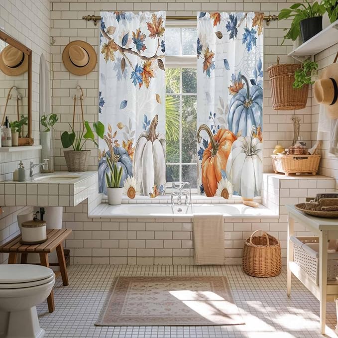 Fall Blue Maple Window Curtains 63 Inch Long 2 Panel Set, Rod Pocket Bedroom Curtains & Drapes, Thanksgiving Pumpkins Daisy Country Leaves Light Filtering Window Treatment for Living Room 42"W x 63"L