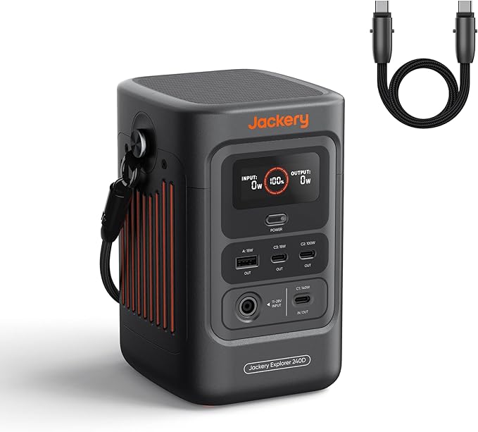 Jackery Explorer 240D Power Bank (80,000mAh), LiFePO4 Battery 256Wh Portable Power Station, USB-C Cable Included,200W DC Output,1-Hour Fast Charging, Compact for Outdoor Camping, Travel, Emergencies