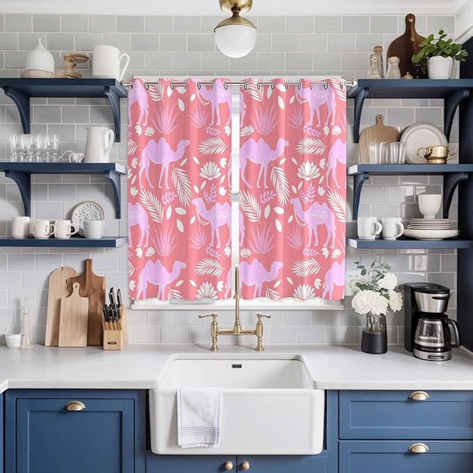 2 Panel Kitchen Cafe Curtains, Desert Camel Sunlight Filtering Nature Air Through, Window Decor Tier Curtains for Living Room 104W x 84L inch Vintage Sand Camel Leaves Flower Pattern Pink