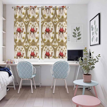 2 Panel Kitchen Cafe Curtains, Camels Palm Trees Sunlight Filtering Nature Air Through, Window Decor Tier Curtains for Living Room 104W x 72L inch Desert Date Coconut Trees Leaves Cords Beige