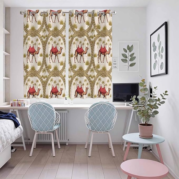 2 Panel Kitchen Cafe Curtains, Camels Palm Trees Sunlight Filtering Nature Air Through, Window Decor Tier Curtains for Living Room 104W x 63L inch Desert Date Coconut Trees Leaves Cords Beige