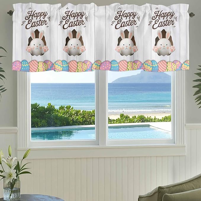Grey Easter Curtain Valances for Windows, Kitchen Valance Window Treatment, Spring Cartoon Bunny Colorful Eggs Wood Grain Light Filtering Block Curtains for Bathroom/Bedroom/Living Room 42'' x 12''