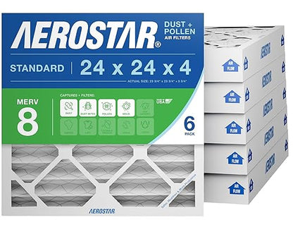 Aerostar 24x24x4 MERV 8 - 6 Count - High Efficiency Pleated HVAC, Furnace & Air Conditioner Filters - Removes Dust, Lint, Mold & Allergy-Causing Pollen