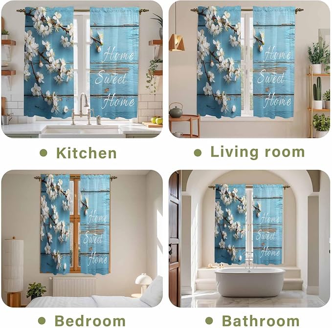 Farmhouse Wooden Grain Kitchen Curtains, Vintage Shabby Chic Flower Blue Light Filtering Window Curtain Panels, 2Pcs Rod Pocket Window Treatments Set for Living Room Bathroom Bedroom 42x63 Inches