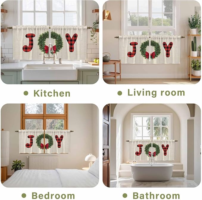 Red Green Christmas Kitchen Tier Curtains 36 Inch Long 2 Panel Set,Rod Pocket Half Window Curtains Over Sink,Farmhouse Xmas Botanical Winter Short Drapes for Bathroom Cafe 27.5"W x 36"L