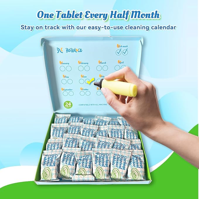 Garbage Disposal Cleaner Deodorizer Tablets-24 Pack Deep Cleaning Disposer Descaler Freshener-Heavy Duty Grease Grime Limescale Odor Smell Remover-for Kitchen All Disposals Mint Foaming 1 Year Supply