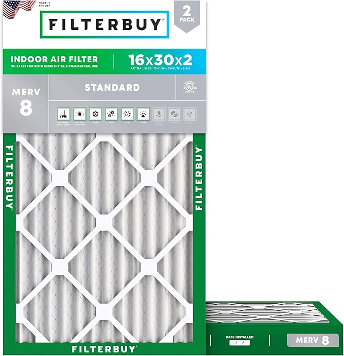 Filterbuy 16x30x2 Air Filter MERV 8 Essential Dust & Allergy Defense (2-Pack), Electrostatic Pleated HVAC AC Furnace Filters Replacement, Made in USA (Actual Size: 15.69 x 29.69 x 1.75)
