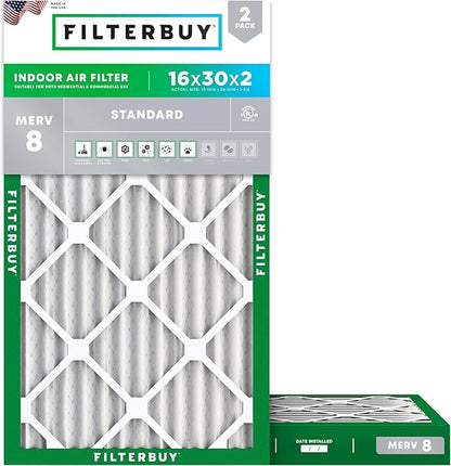 Filterbuy 16x30x2 Air Filter MERV 8 Essential Dust & Allergy Defense (2-Pack), Electrostatic Pleated HVAC AC Furnace Filters Replacement, Made in USA (Actual Size: 15.69 x 29.69 x 1.75)