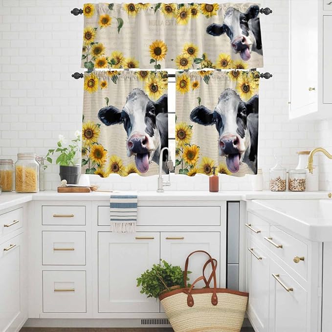 Kitchen Curtains Tiers and Valance Set of 3, Cow Sunflowers Light Filtering Window Curtain Set, Country Vintage Animals Floral Leaves Rod Pocket Curtain Drapes for Cafe, Living Room, 24 Inches Tiers