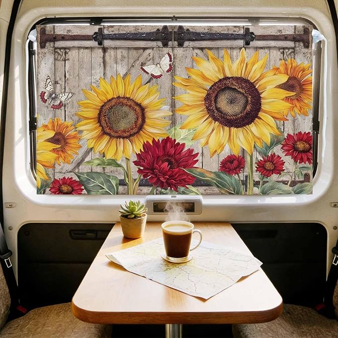 Sunflowers Magnetic Double Layer Car Window Shades,Side Window Curtains for Blackout/Breathable Mesh View,Retro Flower Barn Doors Butterfly Farmhouse Brown Heat Protection Sun Shades 26x20in 1pcs