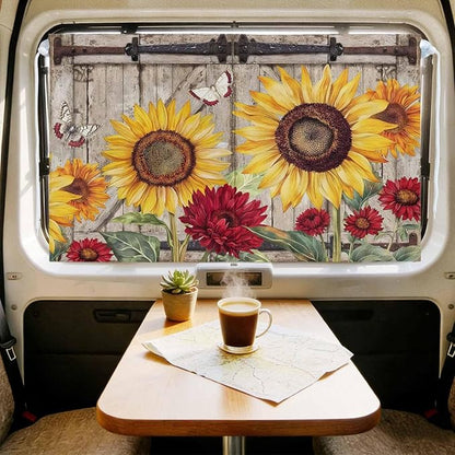 Sunflowers Magnetic Double Layer Car Window Shades,Side Window Curtains for Blackout/Breathable Mesh View,Retro Flower Barn Doors Butterfly Farmhouse Brown Heat Protection Sun Shades 26x20in 1pcs