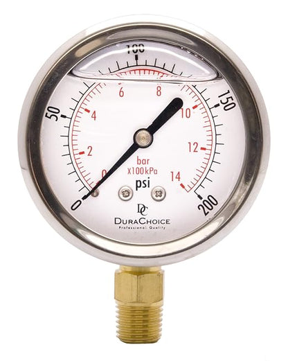 2-1/2" Oil Filled Pressure Gauge - Stainless Steel Case, Brass, 1/4" NPT, Lower Mount Connection, 0-200PSI